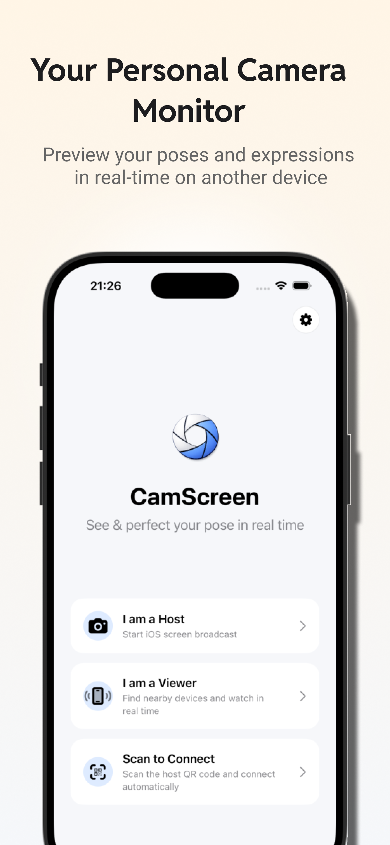 CamScreen home screen with Host, Viewer, and Scan to Connect options.