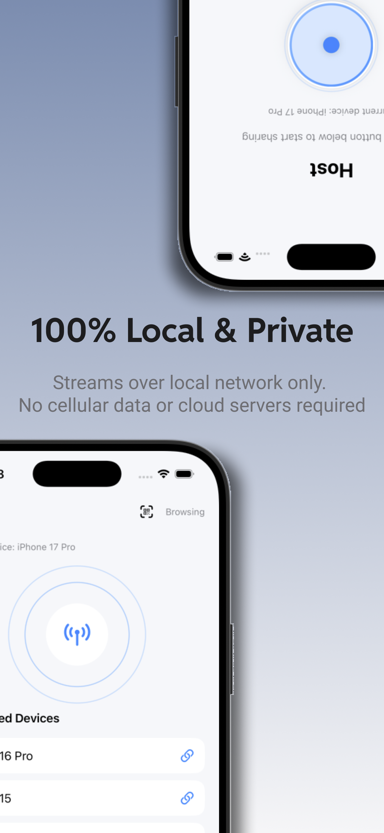 CamScreen browsing screen emphasizing 100% local and private sharing.
