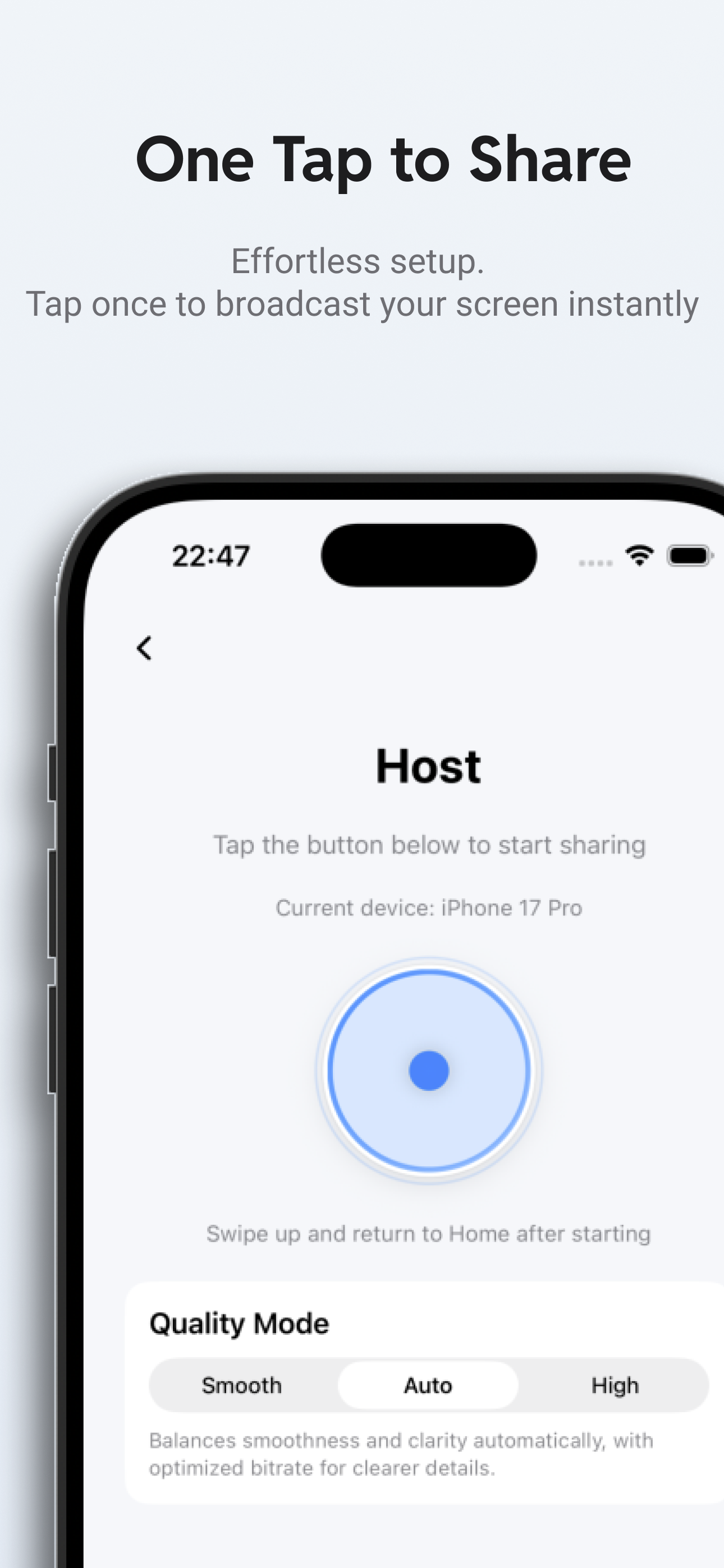 CamScreen screen broadcast interface for iOS local screen sharing.