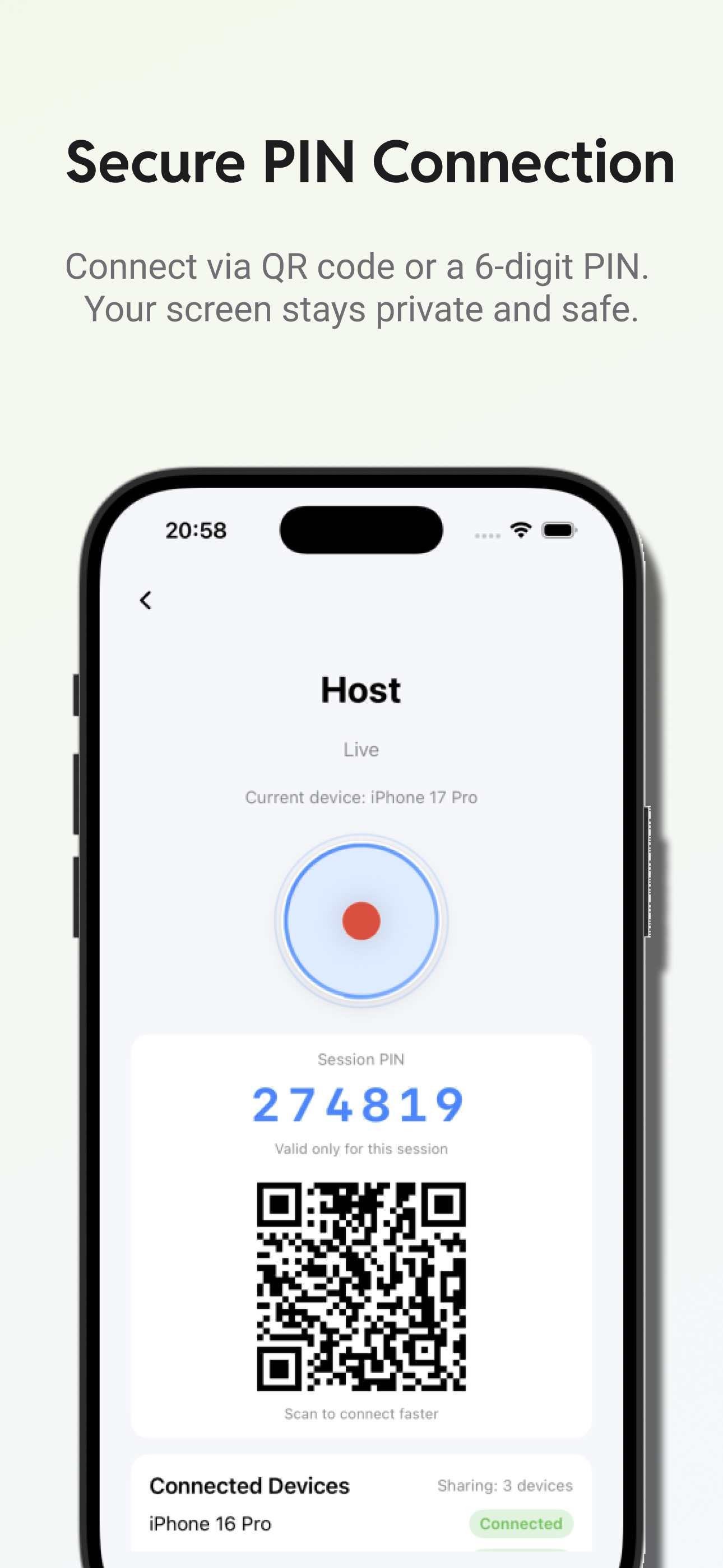 CamScreen host screen showing a QR code and session PIN.