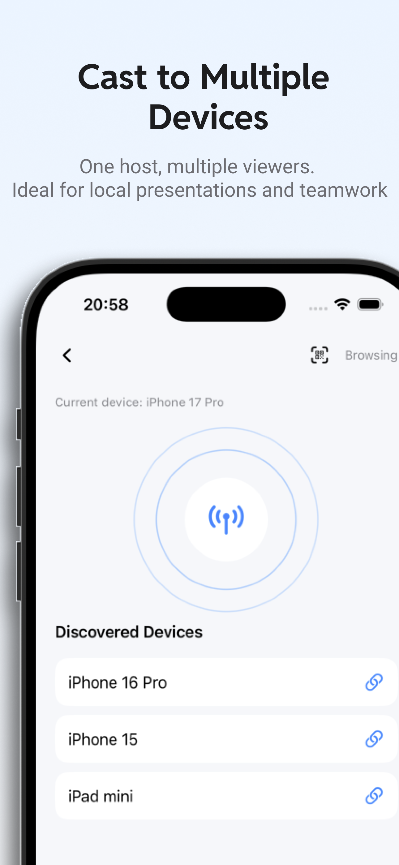 CamScreen viewer screen listing multiple discovered nearby devices.
